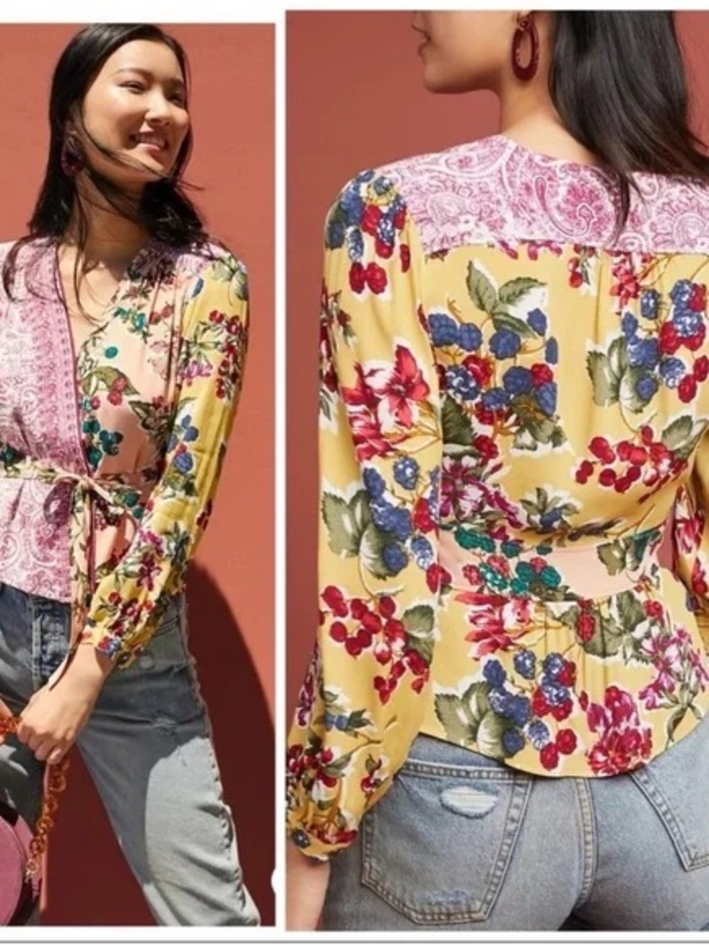 Anthropologie Meadow Rue Yellow Multi Floral Patchwork Wrap Blouse